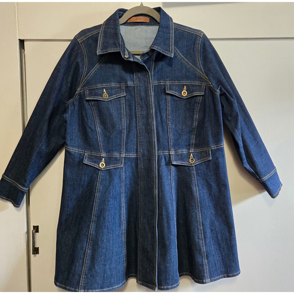 eShakti Womens XL Dark Wash Denim Fit & Flare Jacket Hidden Button Pockets NWOT